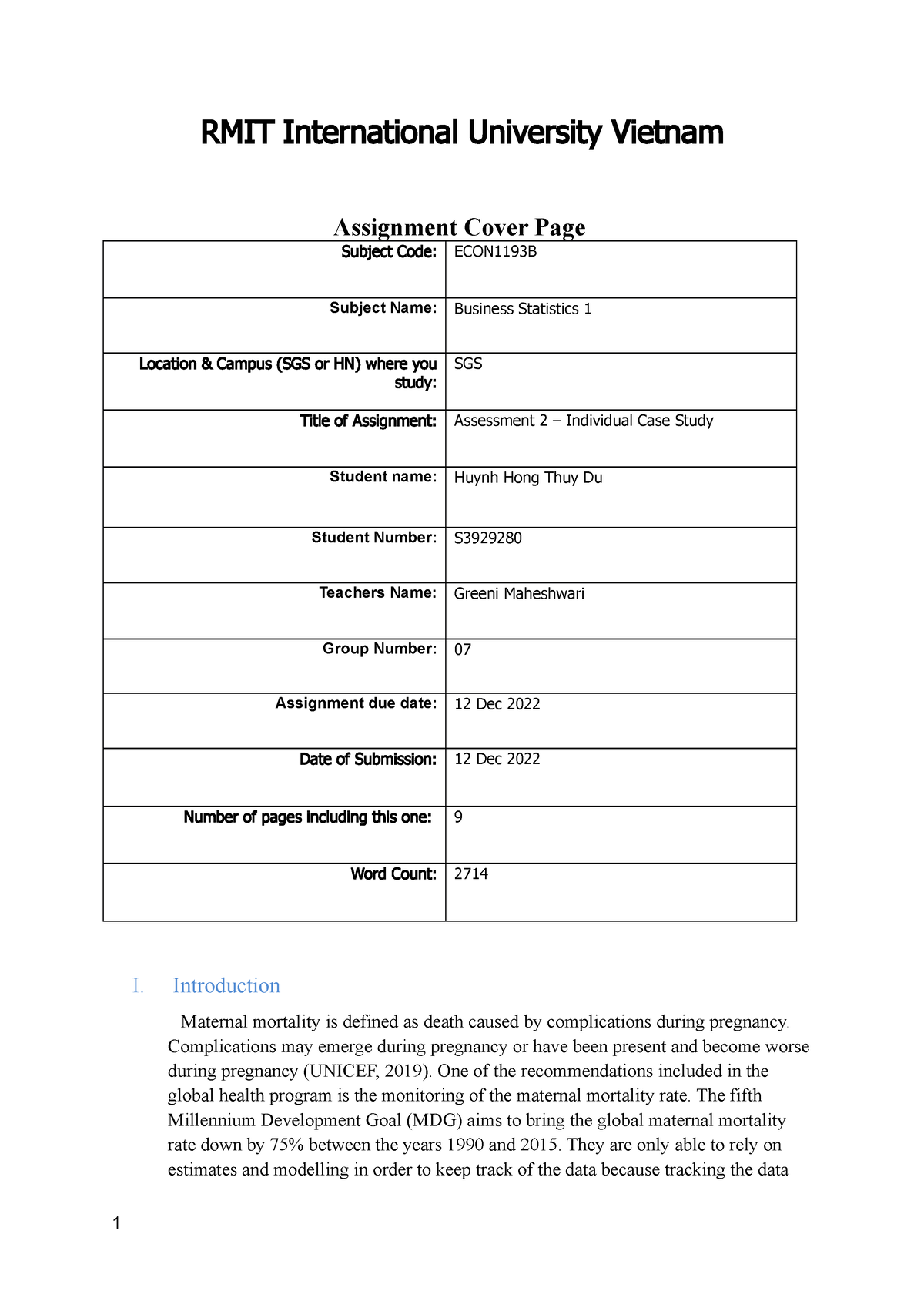 rmit business statistics assignment