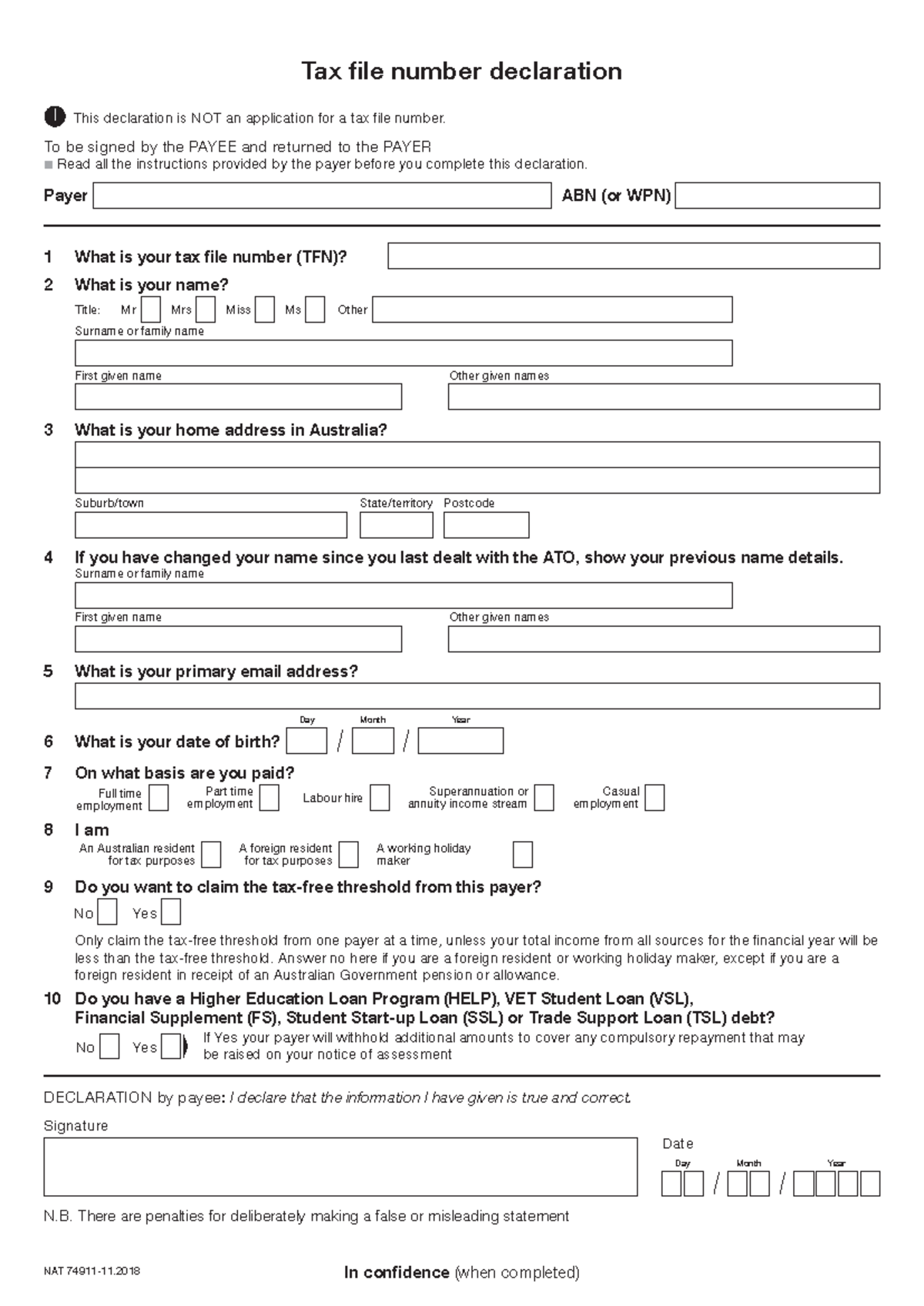 TFN declaration self-print template - Tax file number declaration Payer ...