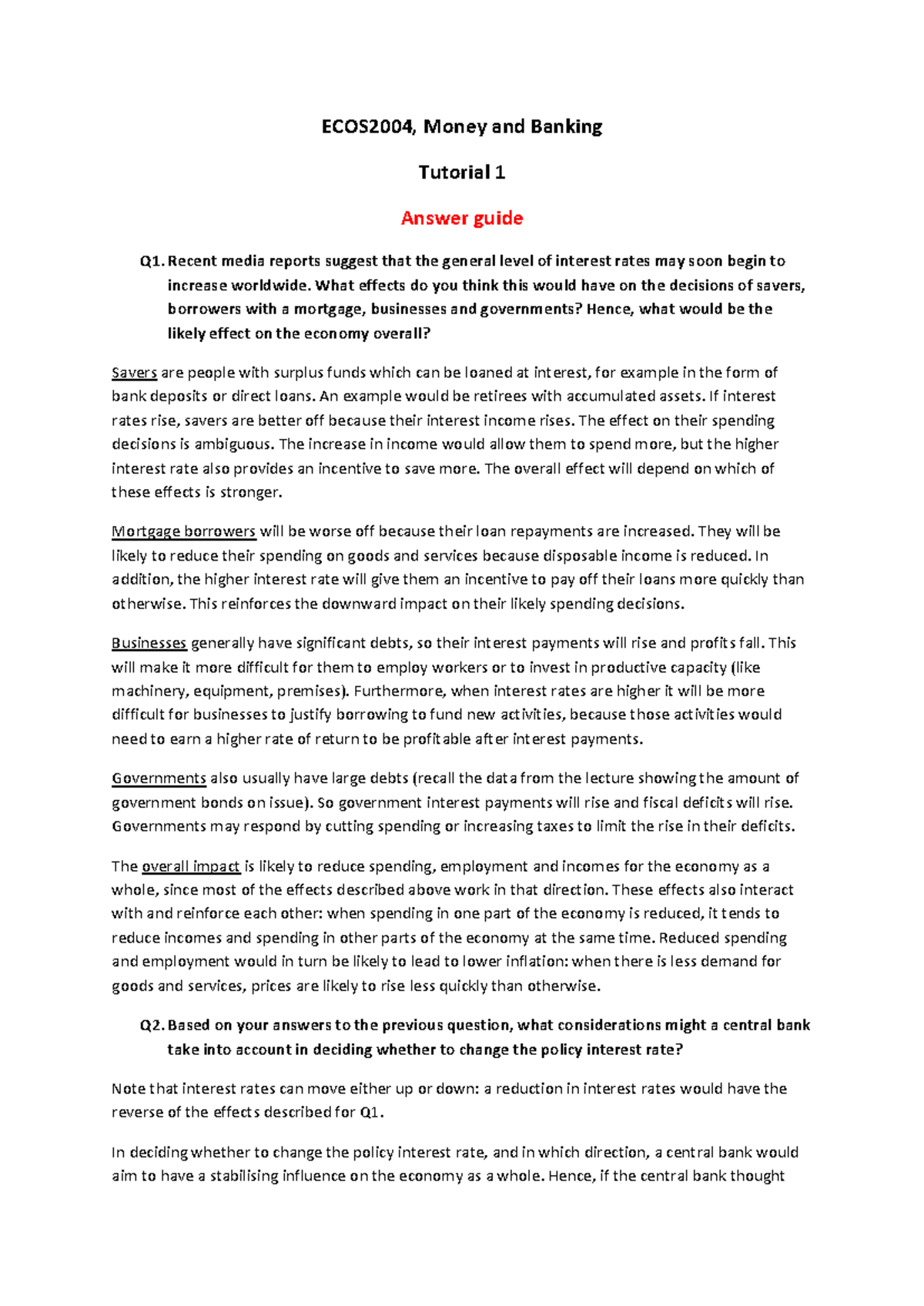 Tutorial+1+Answer+guide - ECOS2004, Money and Banking Tutorial 1 Answer ...