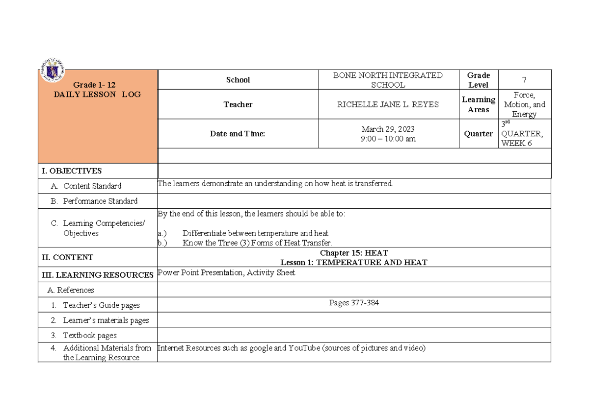 Daily Lesson Log - Grade 1- 12 DAILY LESSON LOG School BONE NORTH ...