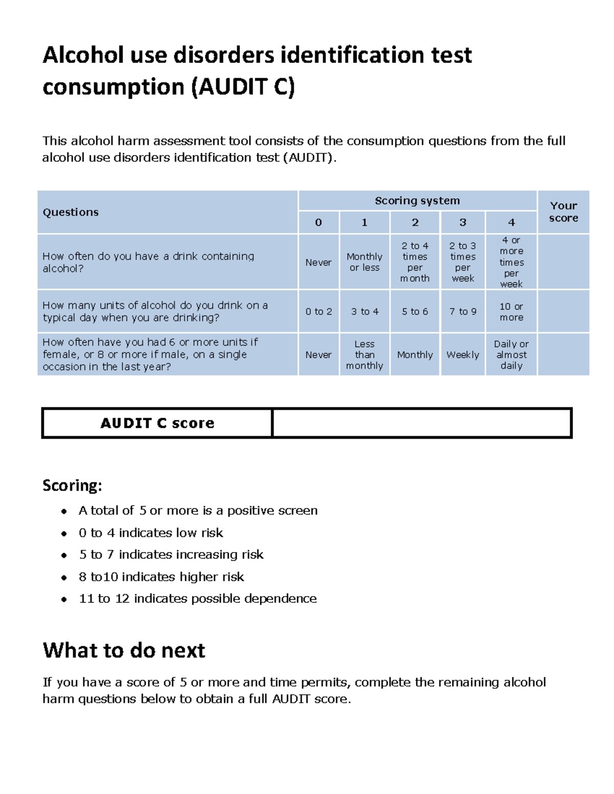 Alcohol Use Disorders Identification Test For Consumption Audit C 1