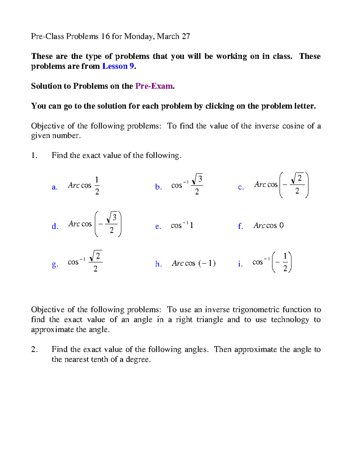 Problems 16MWF Pre Class Problems 16 For Monday March 27 These Are 