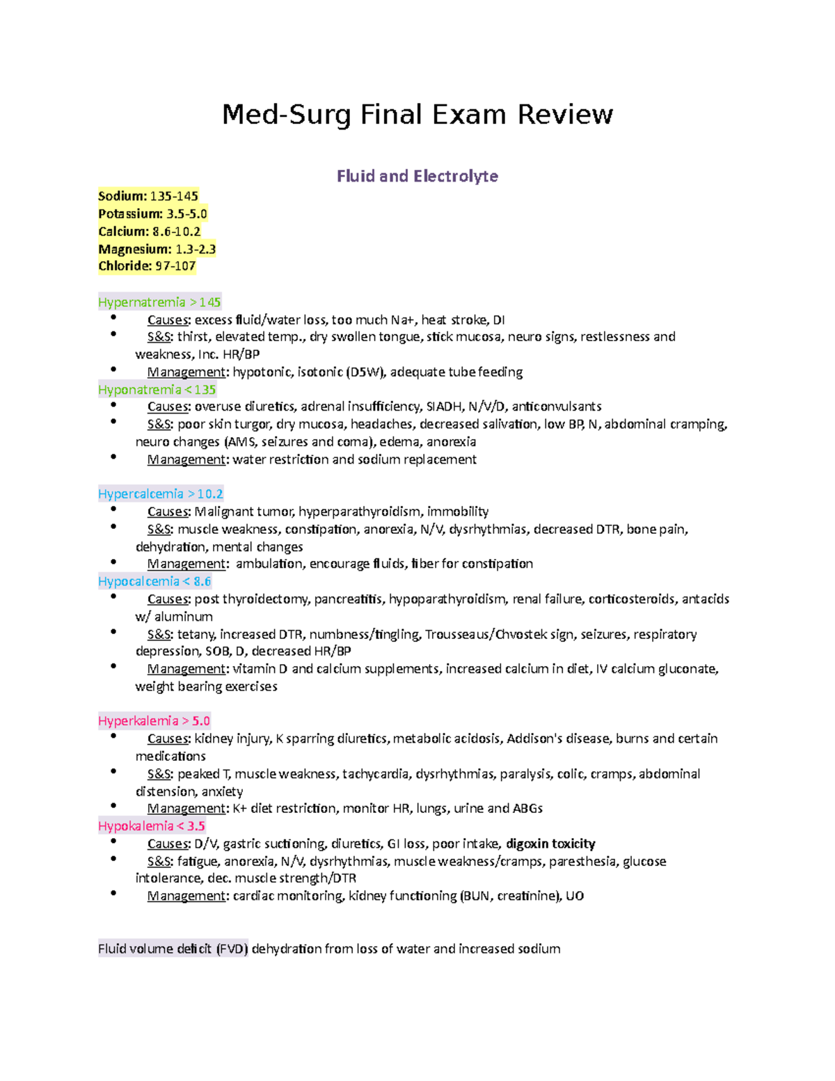 Med Surg Final Exam Review Med Surg Final Exam Review Fluid And