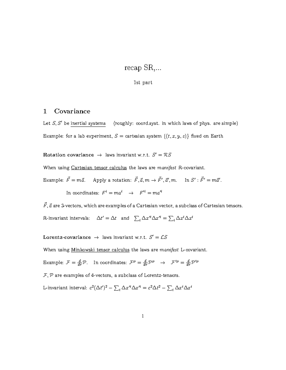 Recap SR, etc - Notes - recap SR,... 1st part 1 Covariance Let S, S′ be ...