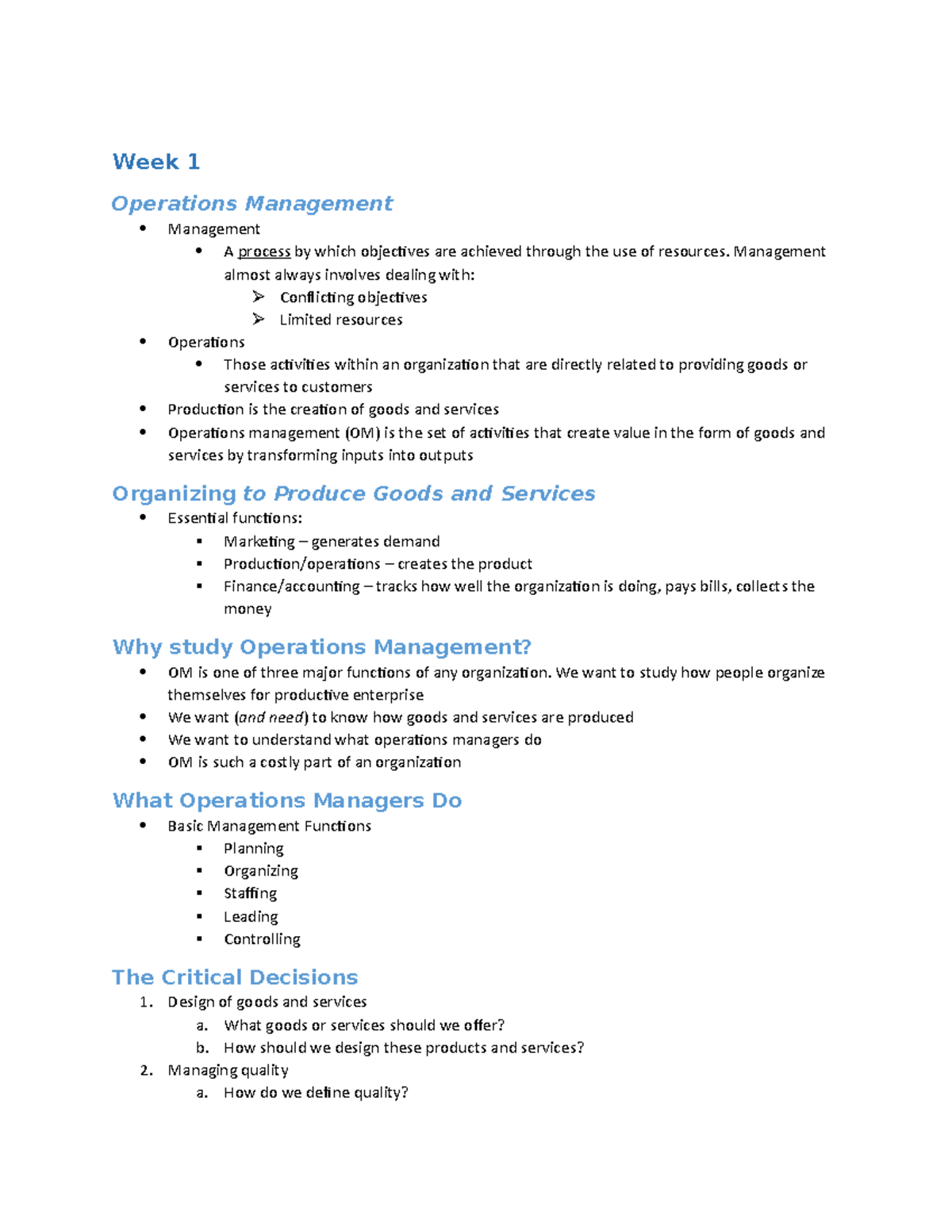 Gms 401Final Exam - Week 1 Operations Management Management A Process ...