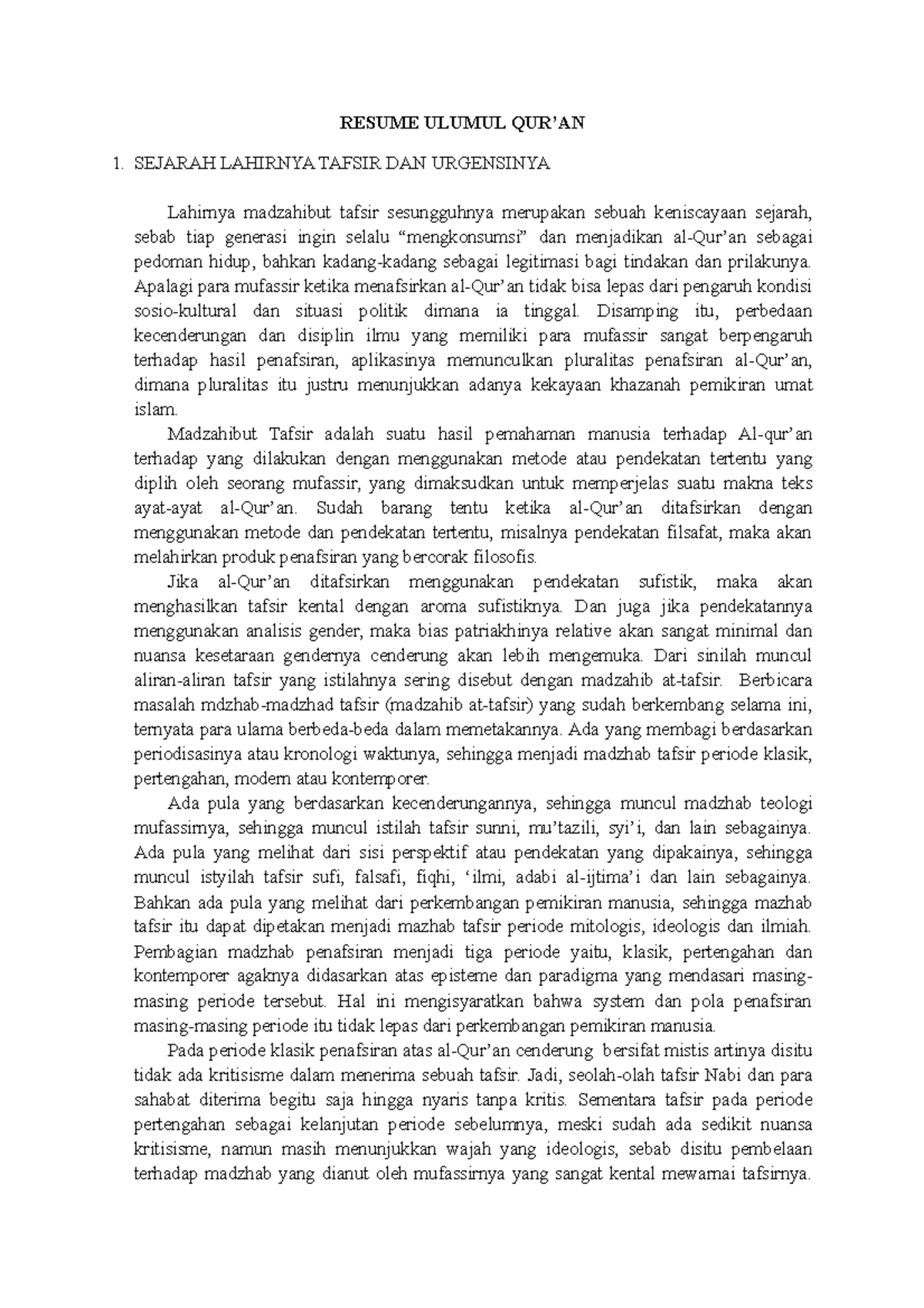 Ulumul QUR'AN 3 (Sejarah Lahirnya Tafsir Dan Urgensinya) - RESUME ...