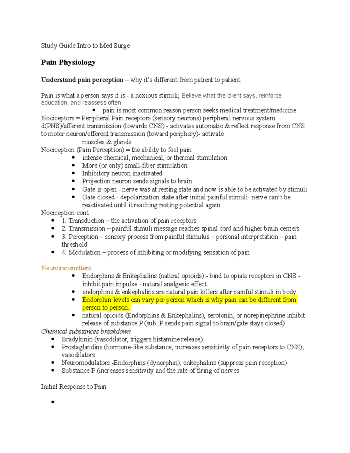 Study Guide Intro to Med Surge - pain is most common reason person ...