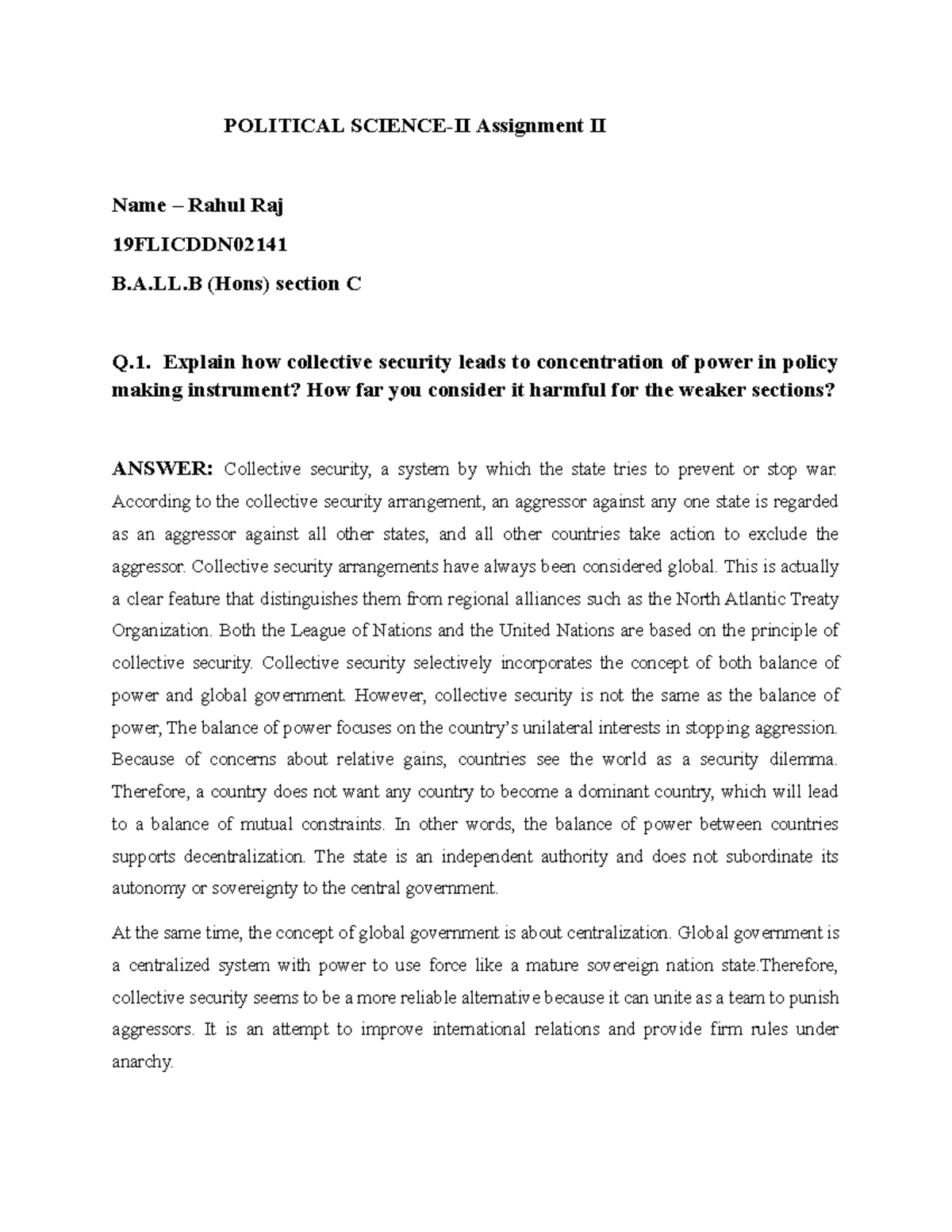 Pol sc. assignment 2 - none - POLITICAL SCIENCE-II Assignment II Name ...