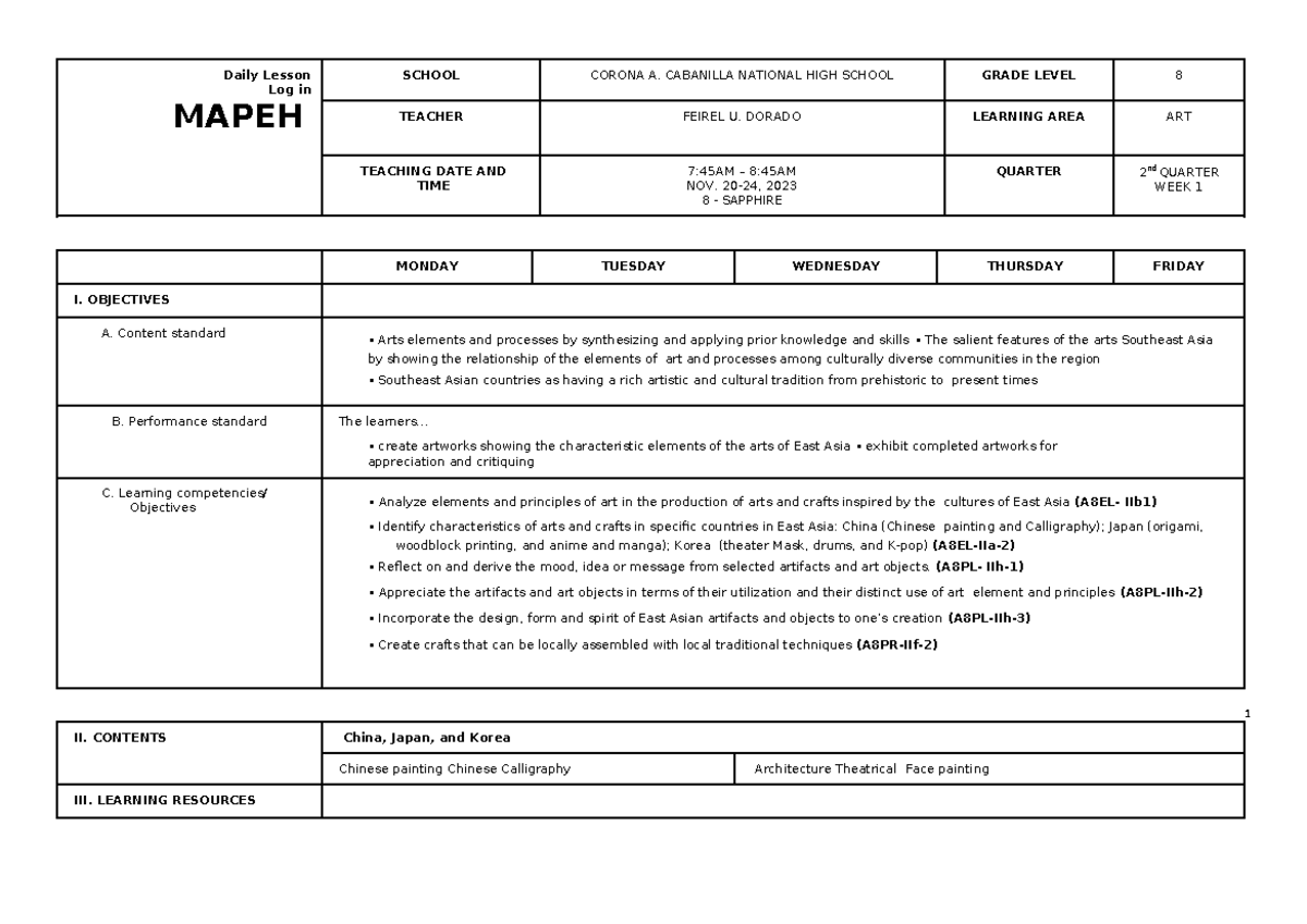DDL ARTS8 Q2 WEEK 1 - Summary BS Physical Education - Daily Lesson Log ...