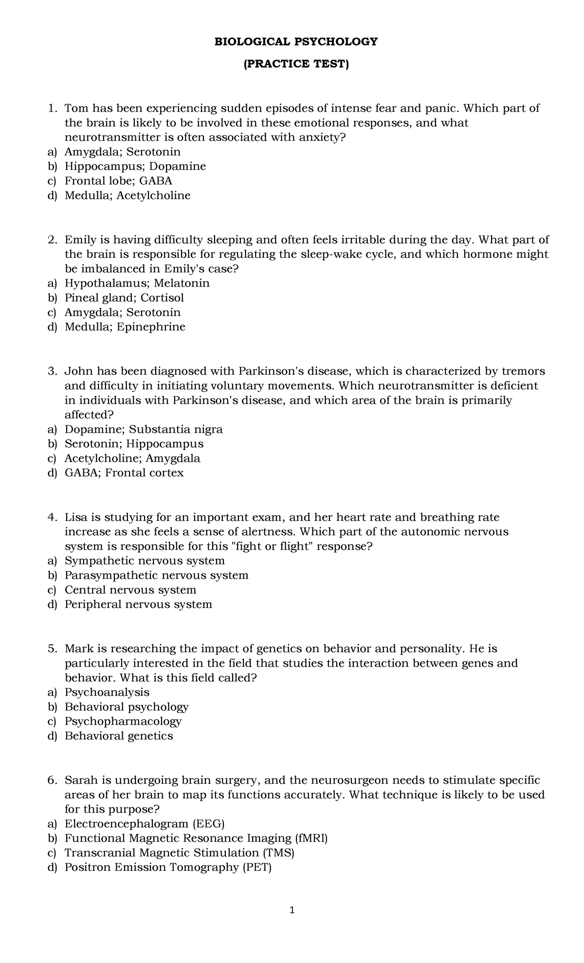 Biological Psychology Practice TEST ( Situational Questions ...