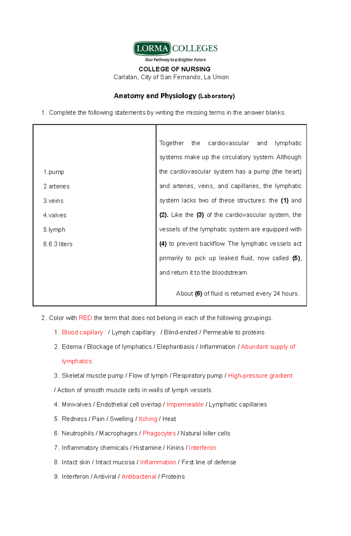 Activity- Lymphatic- System - COLLEGE OF NURSING Carlatan, City Of San ...