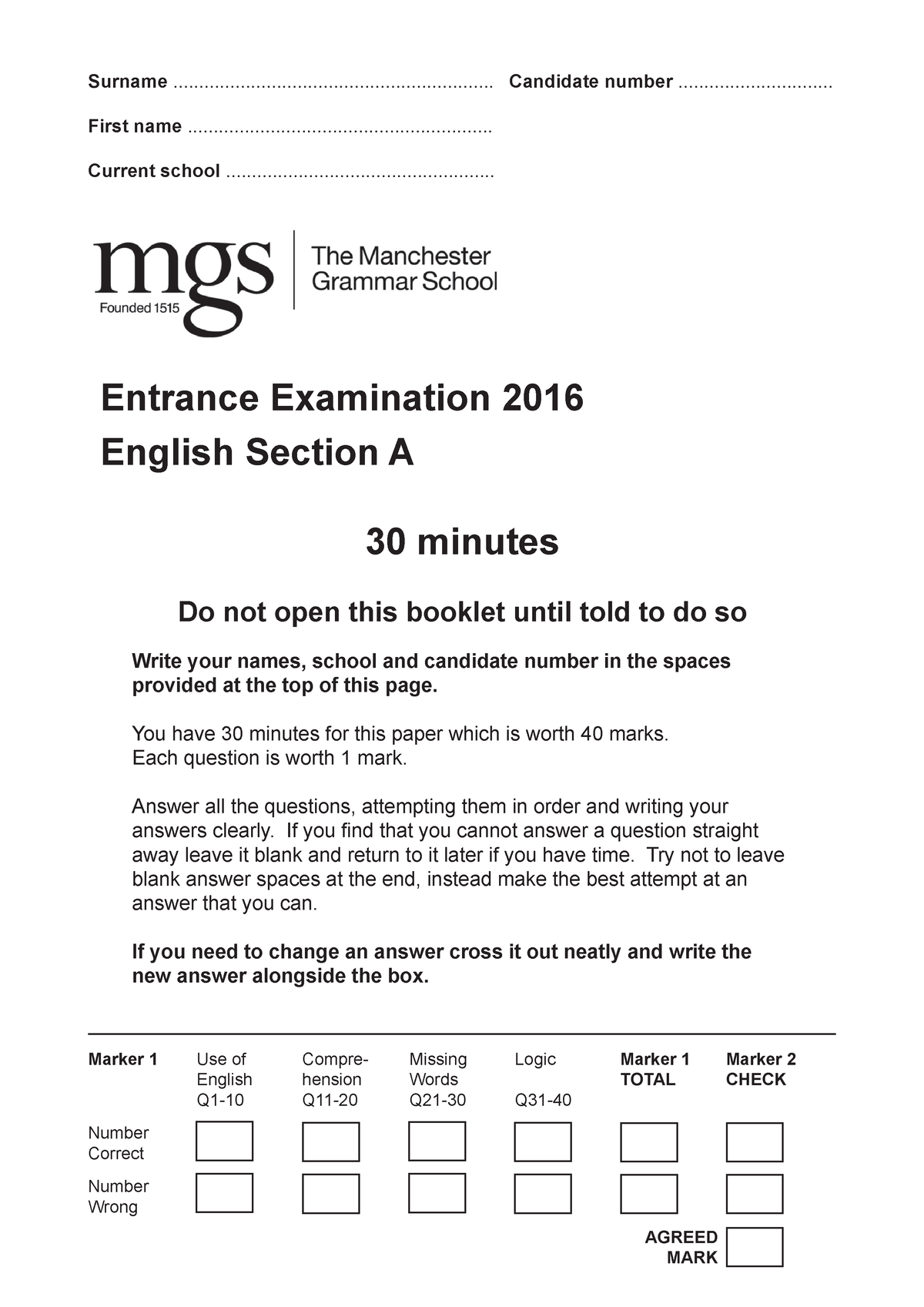 English Section A 2016 - Entrance Examination 2016 English Section A 30 ...