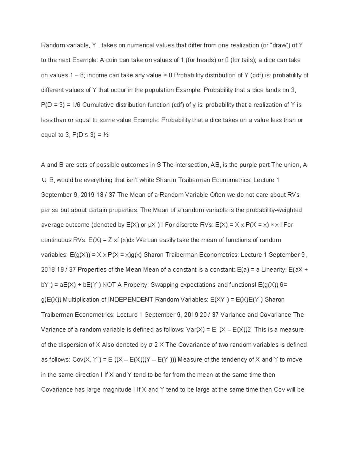 Econometrics Lecture 4 Random Variable Takes On Numerical Values That Differ From One Realization Or Draw Of To The Next Example Coin Can Take On Values Of For Studocu