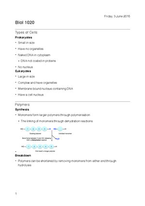 Weeks 1-5 BIOL1020 Summary - MODULE 1 - WEEK 1 Lecture Cell ...