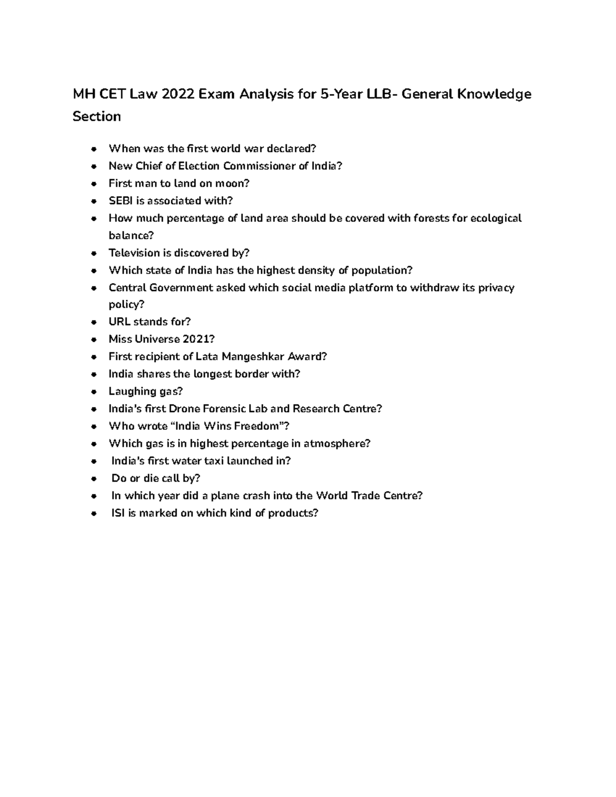 Mh cet law 2022 exam analysis for 5 year llb general knowledge section ...