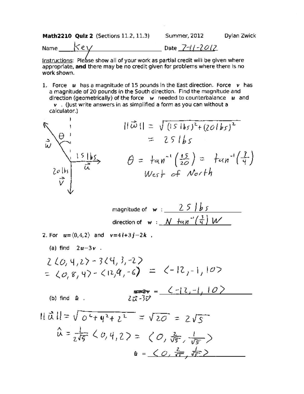 Quiz 2 With Key Math 2210 Calculus Iii Studocu