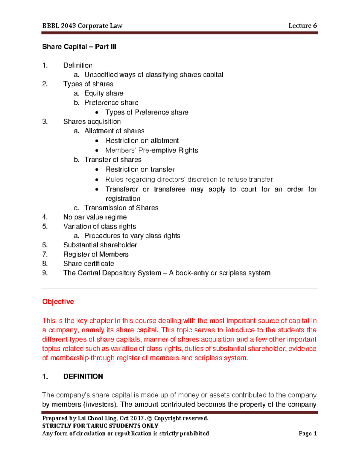 Lecture Note - Ch 6 Share Capital Part III - Prepared By Lai Chooi Ling ...