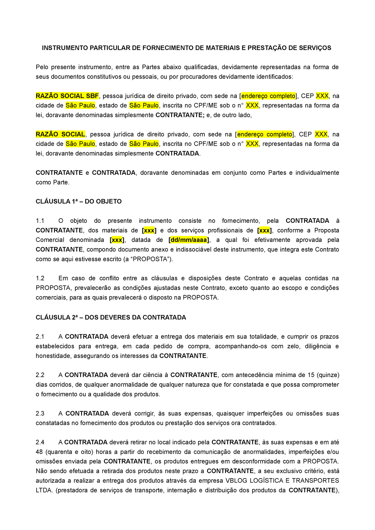 Contrato Fornecimento De Materiais De Constru O Instrumento Particular De Fornecimento De