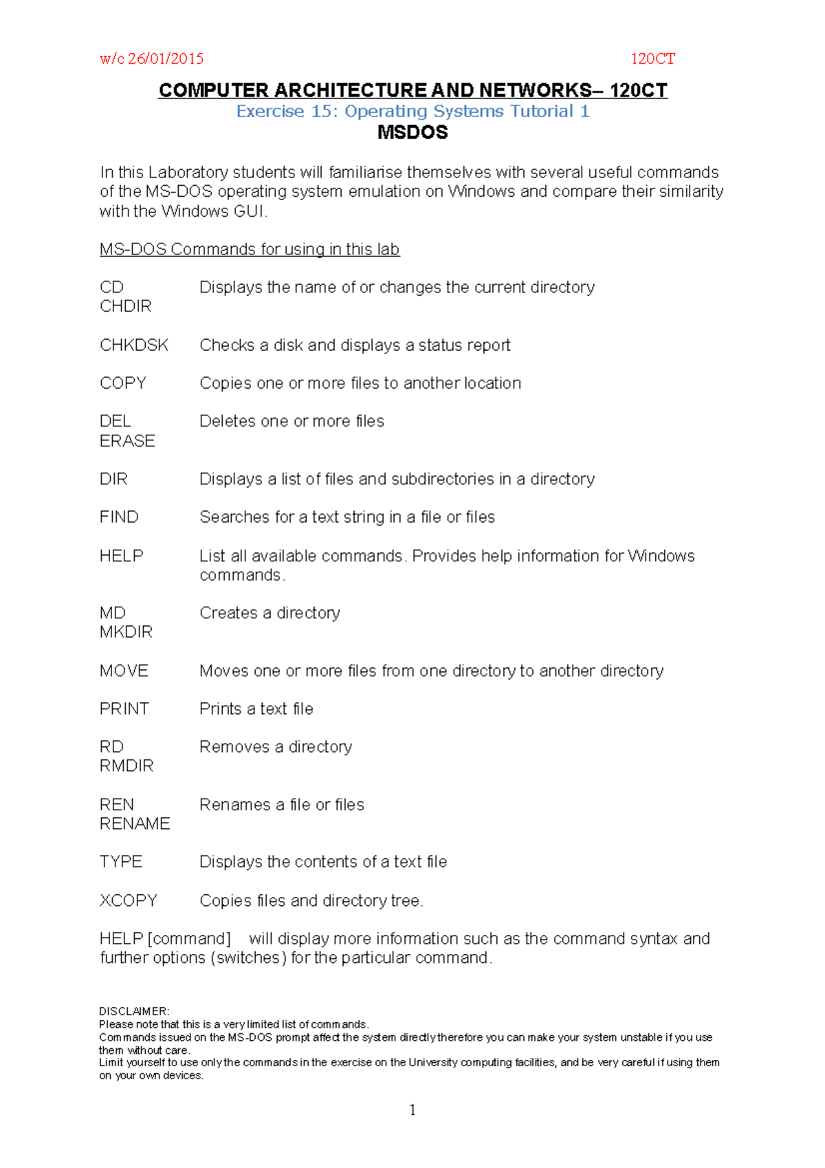 Exercise 15 Operating Systems Tutorial 1 - Msdos - w/c 26/01/2015 120CT ...
