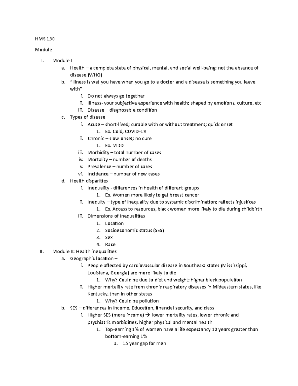 HMS 130 Modules 1, 2 - HMS 130 Module I. Module I a. Health – a ...