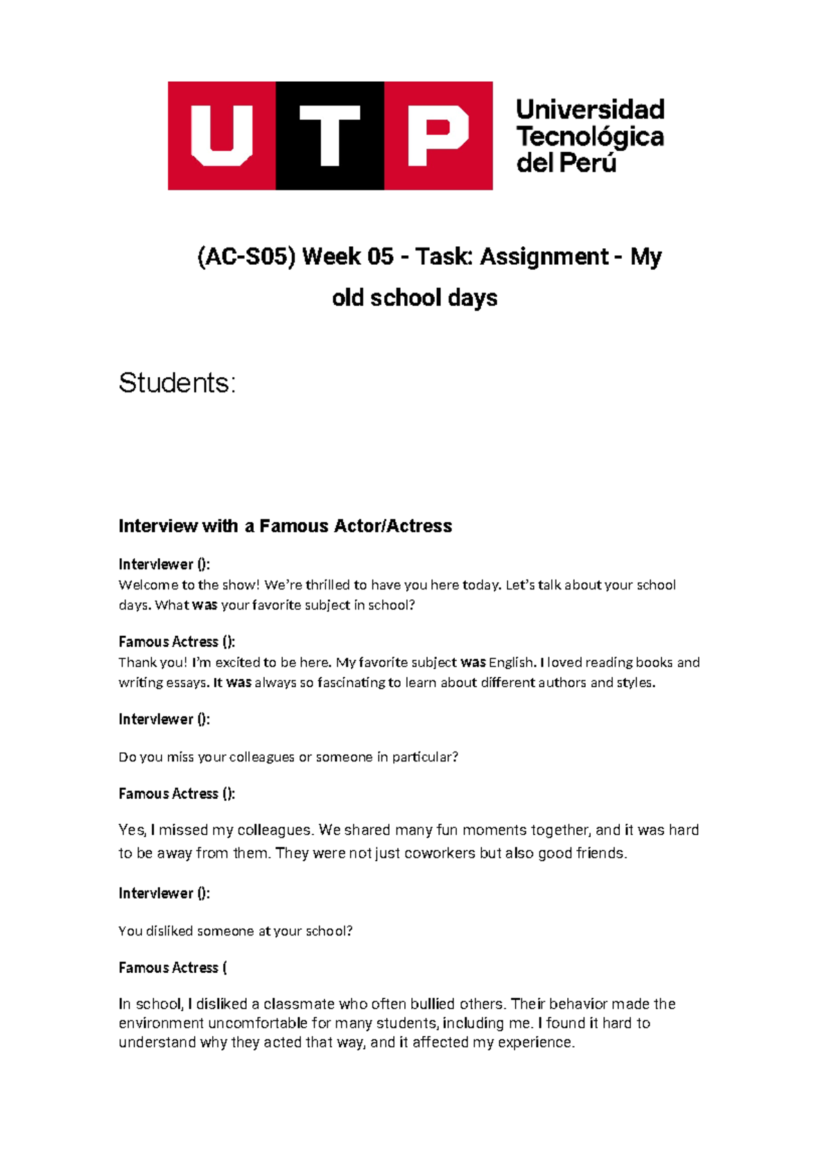 Week 05 - Task Assignment - My - Let’s talk about your school days ...