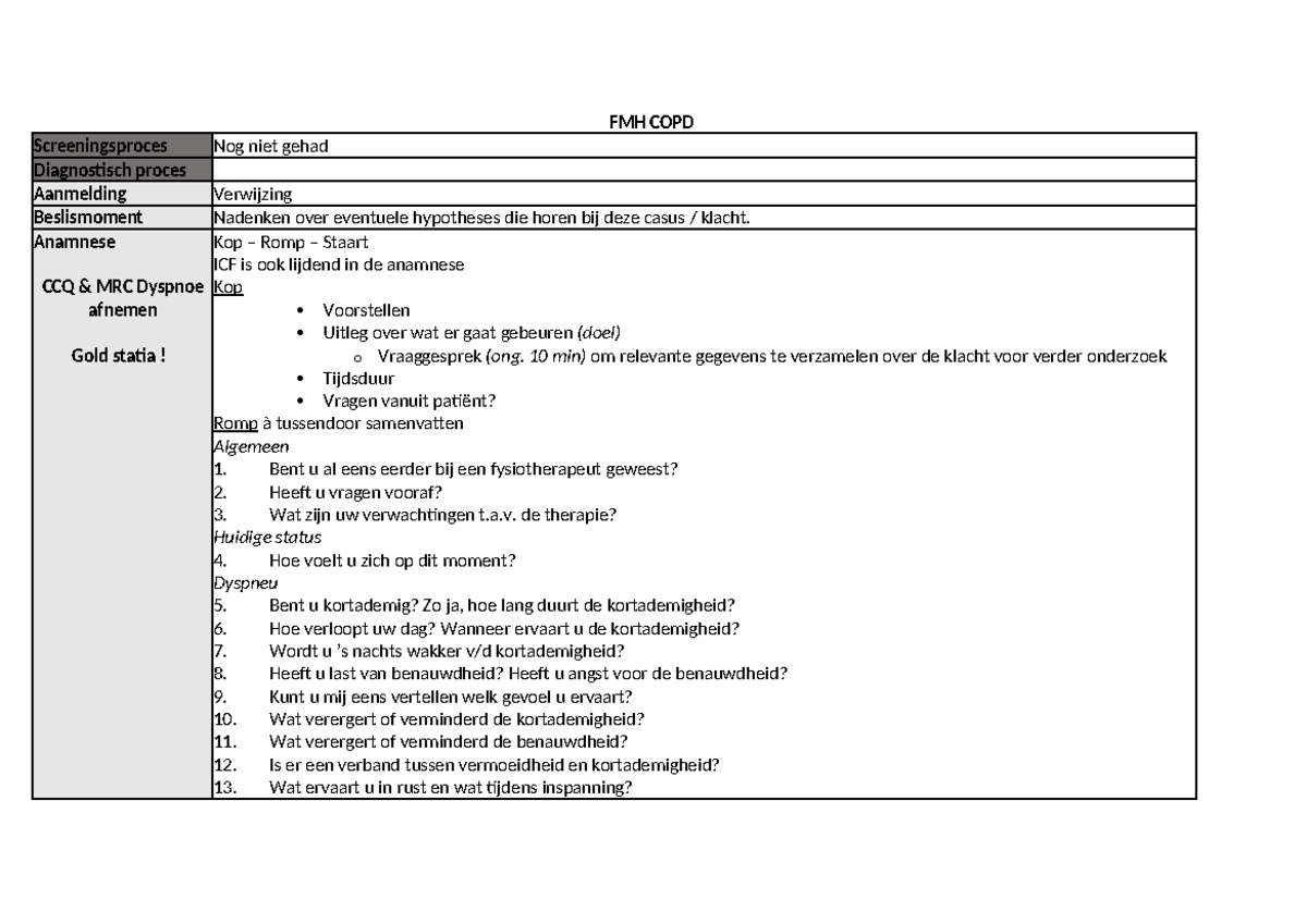 FMH COPD - Samenvatting Fysiotherapie - FMH COPD Screeningsproces Nog ...