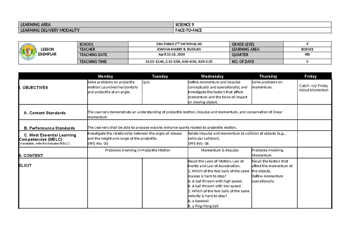 Week 4 - Uniform Accelerated Motion - LEARNING AREA SCIENCE 9 LEARNING ...