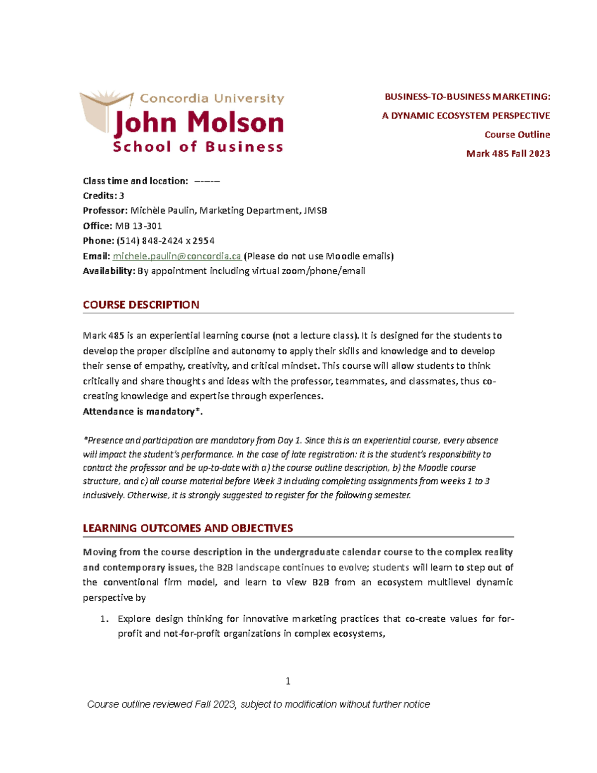 1. Course Outline Description MARK 485 - BUSINESS-TO-BUSINESS MARKETING ...