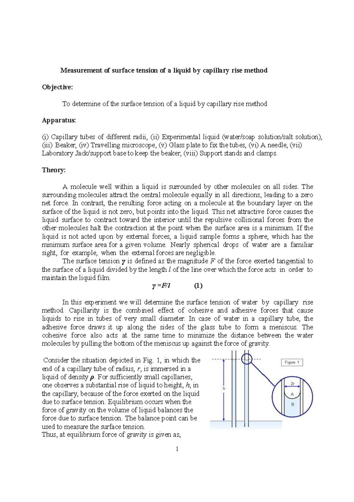 Surface tension by capillary rise method 1 Measurement of surface tension of a liquid by