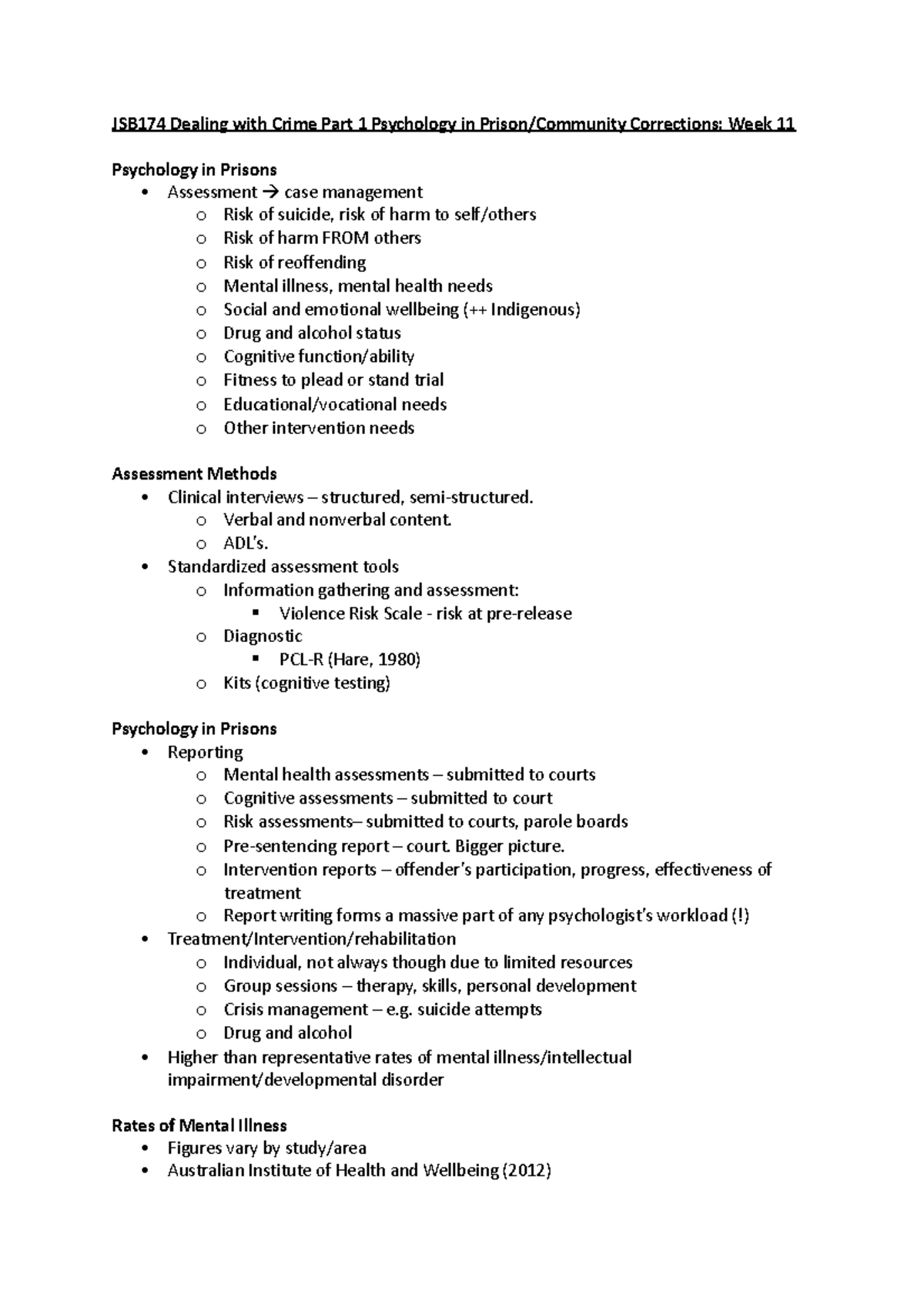 Week 11 - notes on week 11 - JSB174 Dealing with Crime Part 1 ...