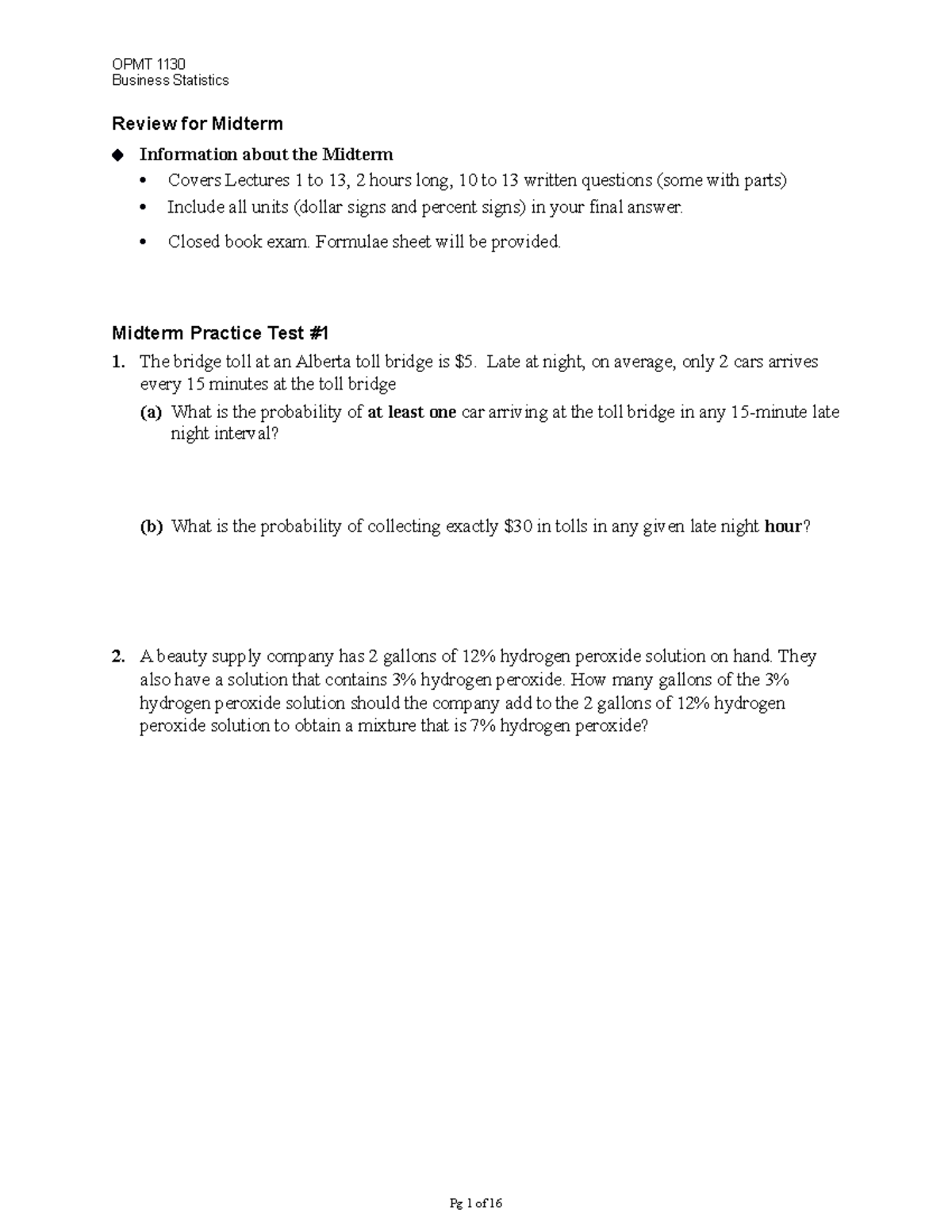Practice Midterm Exam - HHHHHH - Business Statistics Review for Midterm ...