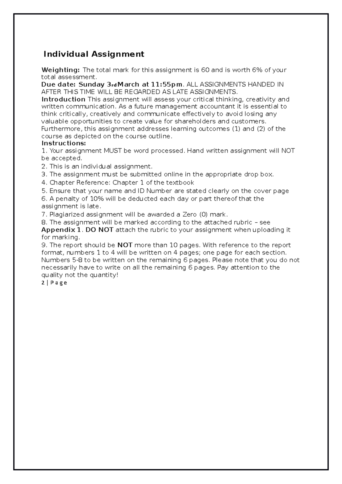 AF201 Assignment 1 - Individual Assignment Weighting: The total mark ...
