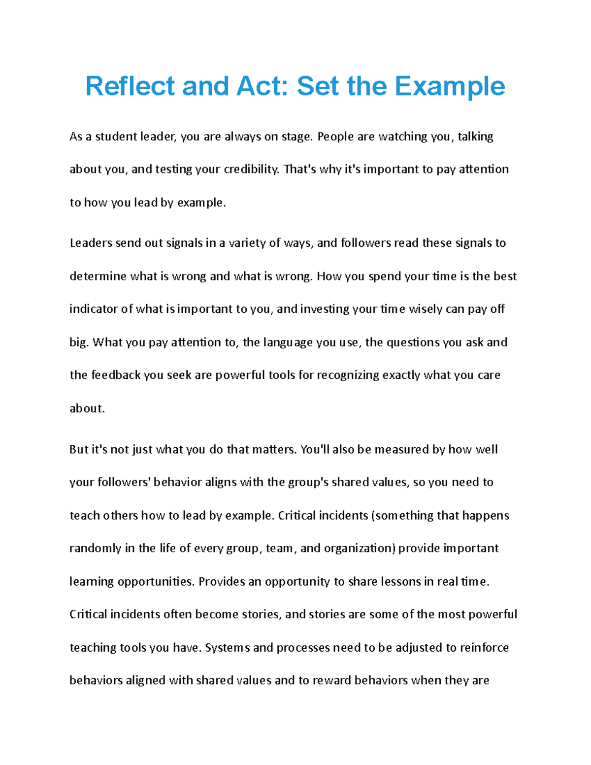 Reflect And Act Notes Reflect And Act Set The Example As A Student 