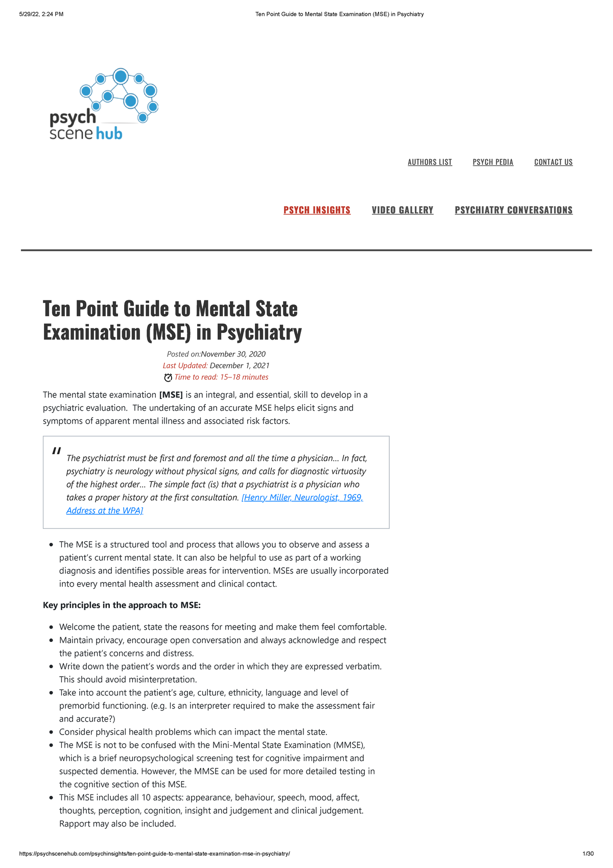 Ten Point Guide to Mental State Examination (MSE) in Psychiatry