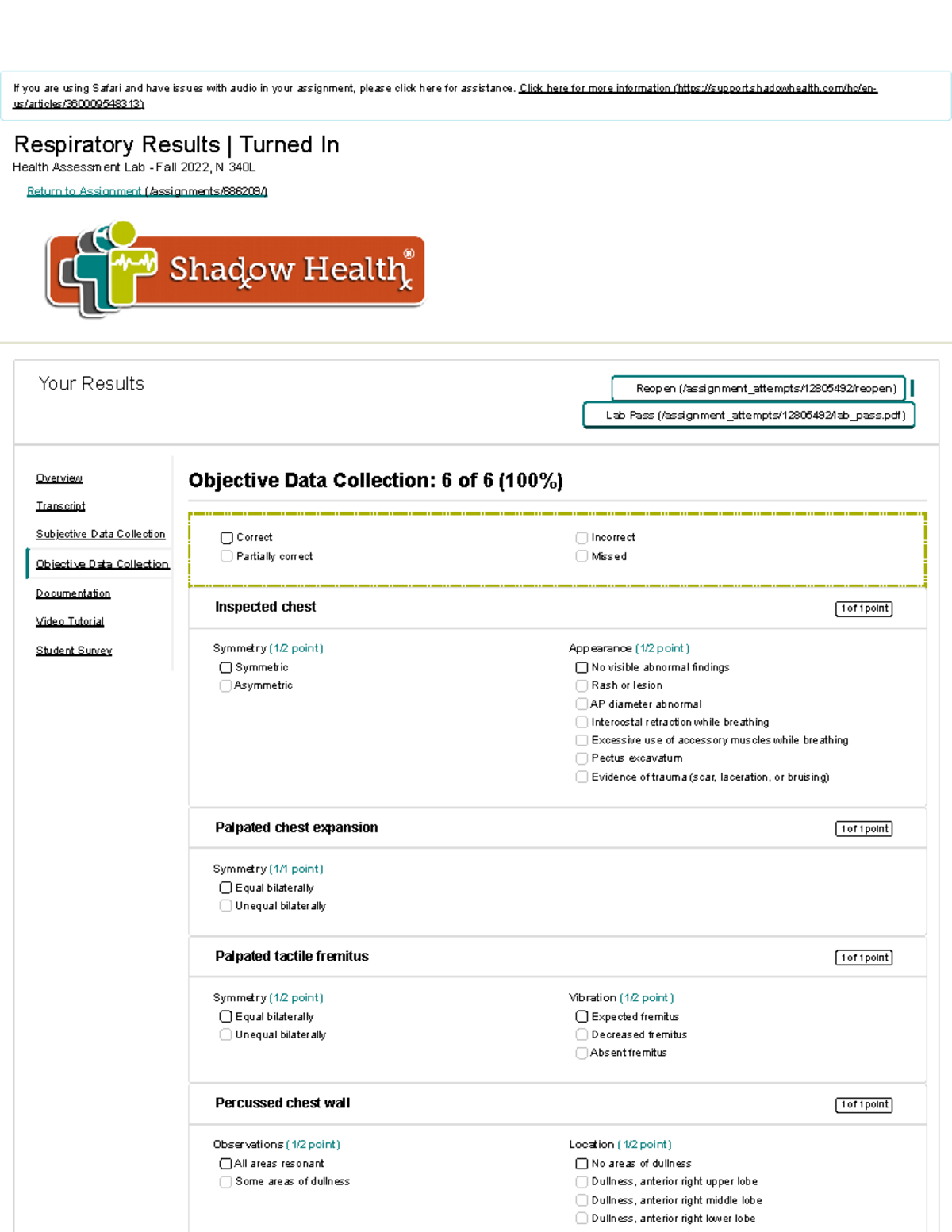 Shadow Health respiration objective Respiratory Results Turned In