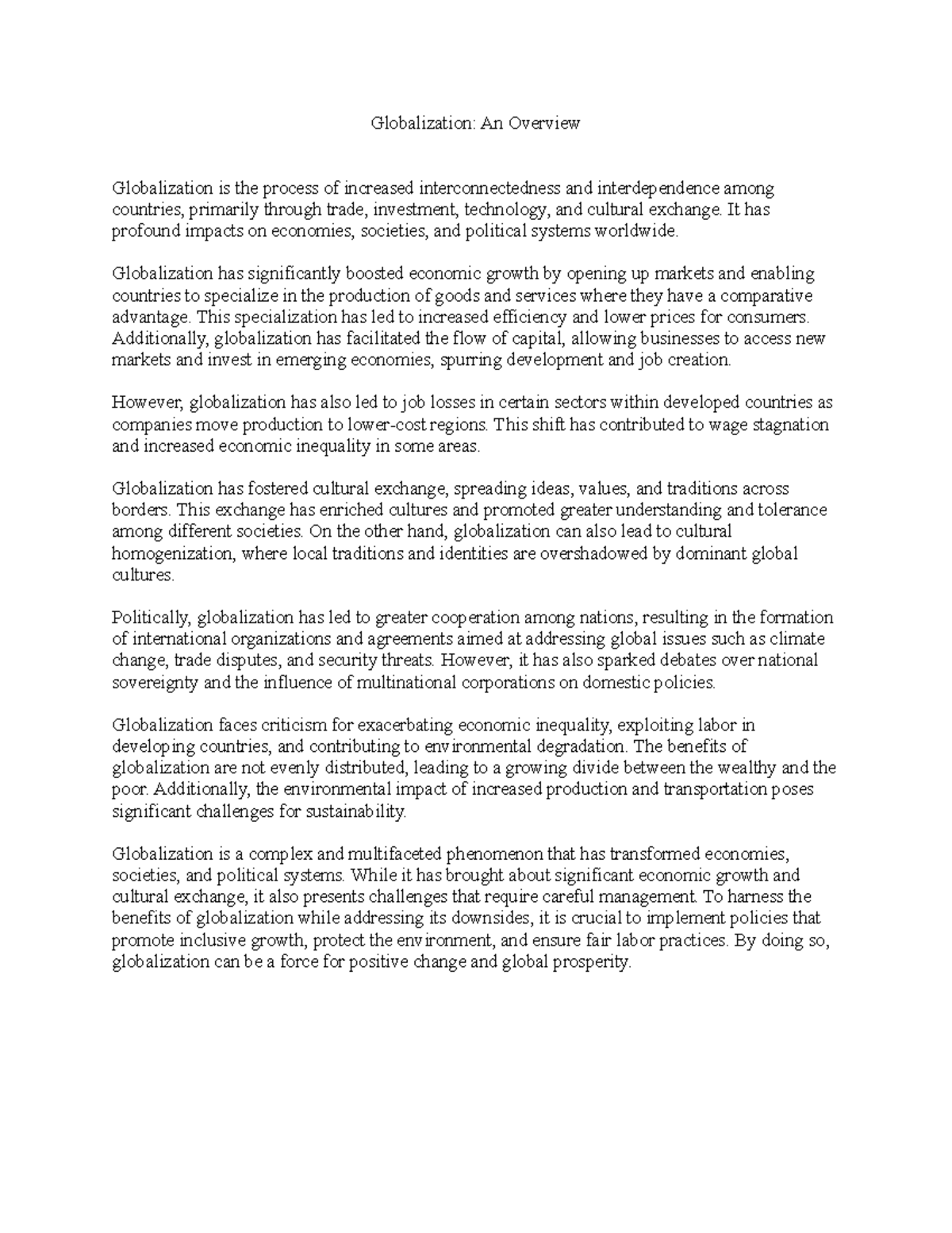 Globalization-An-Overview - Globalization: An Overview Globalization is ...