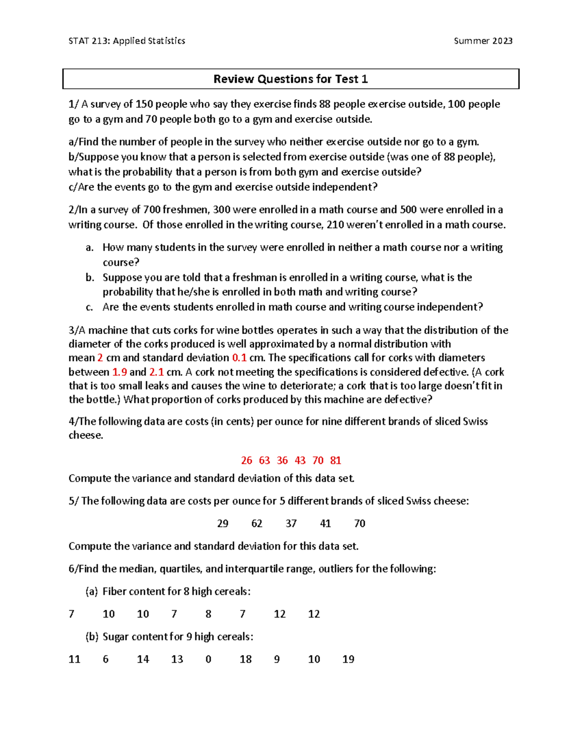 Exam 1 Review Summer 2023 - Review Questions For Test 1 1/ A Survey Of ...