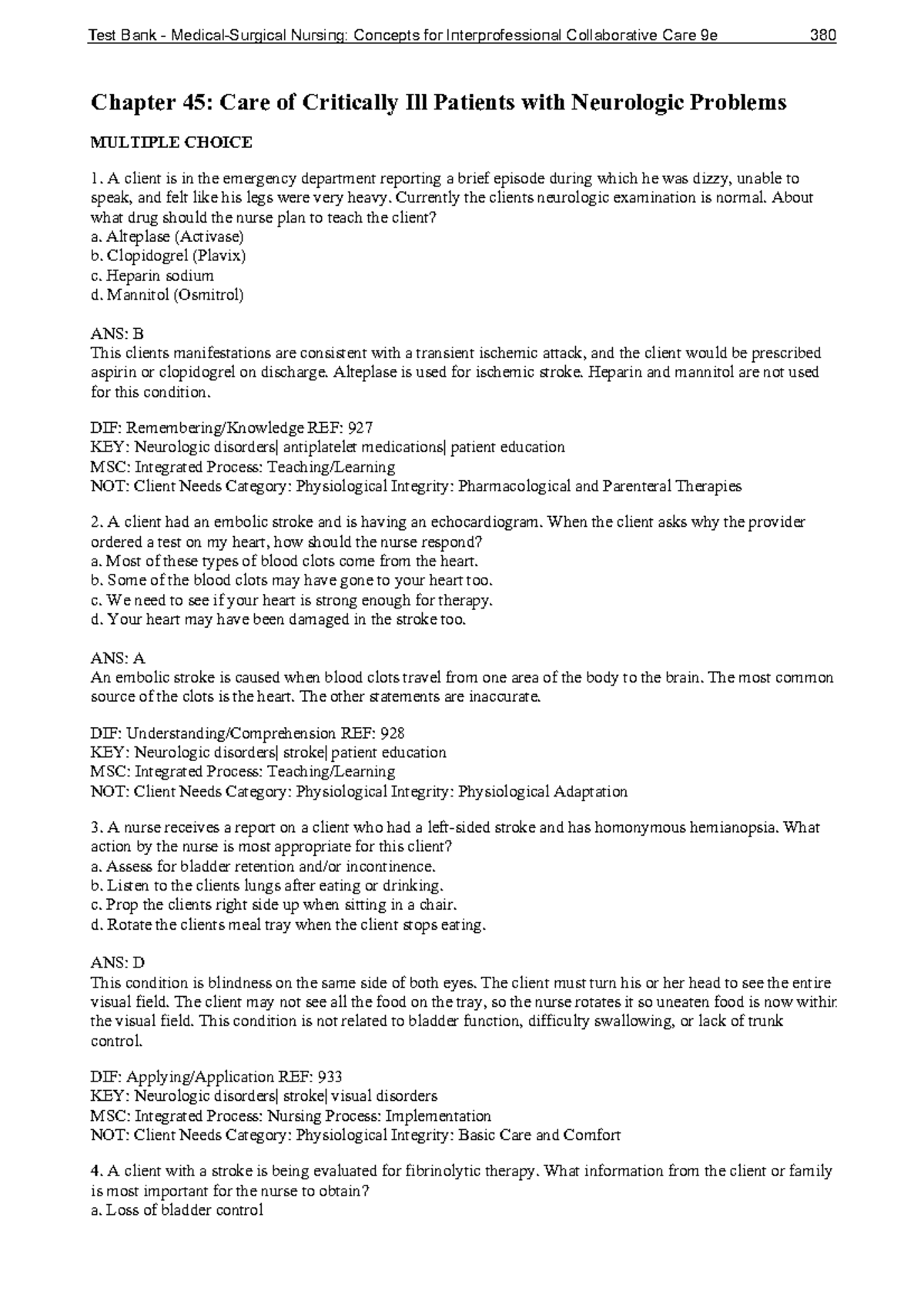 Chapter 45 Care Of Critically Ill Patients With Neurologic Problems Chapter 45 Care Of Critically Ill Patients With Neurologic Problems Multiple Choice Client Studocu