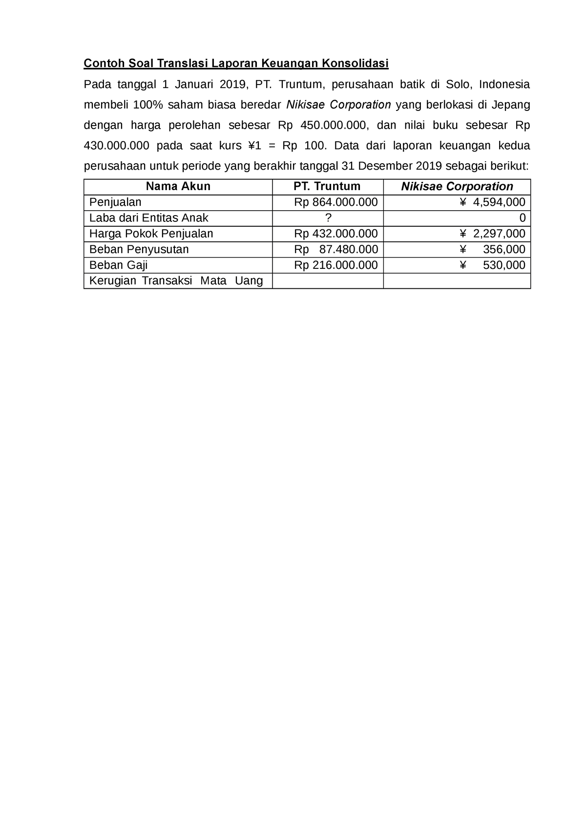 Latihan SOAL Translasi Laporan Keuangan - Contoh Soal Translasi Laporan ...
