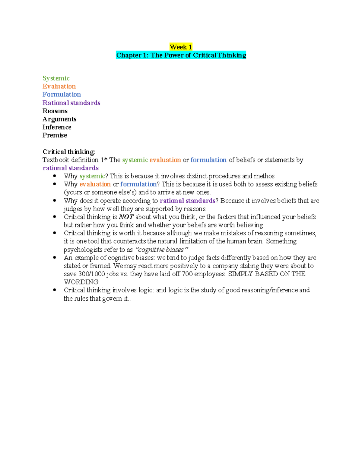 Week 1 ssh 105 notes - Week 1 Chapter 1: The Power of Critical Thinking ...
