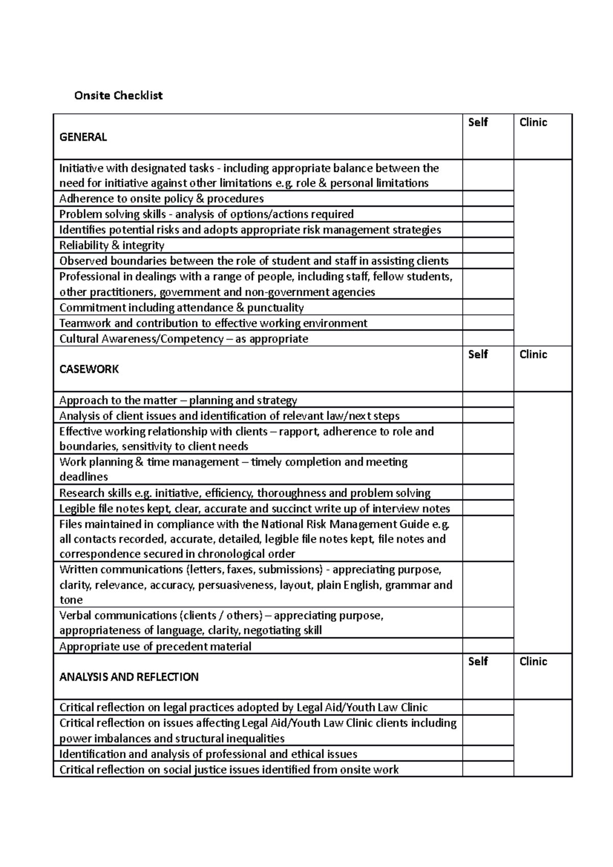 Onsite Checklist for external placement program - Onsite Checklist ...