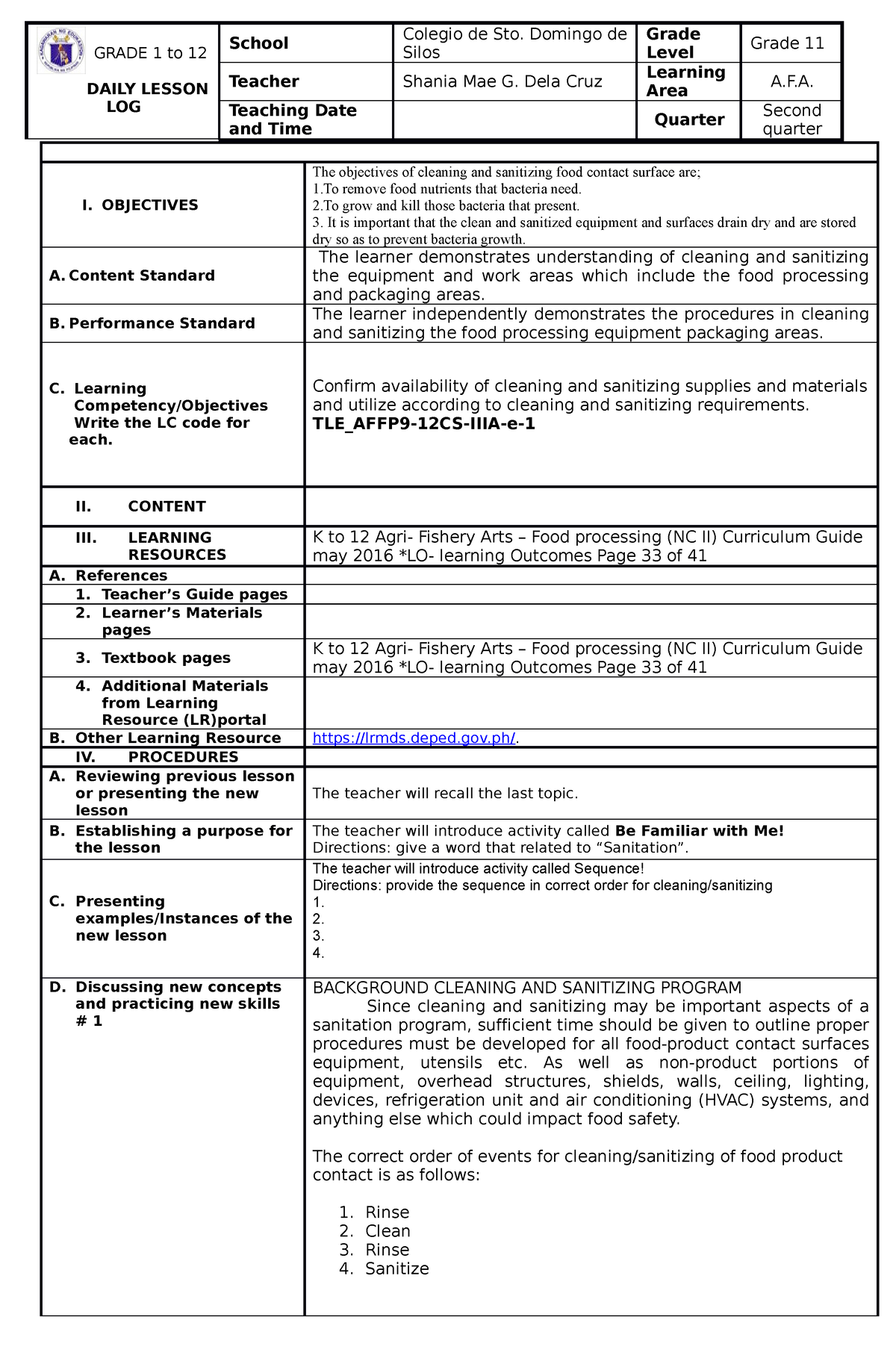 DLL Shania - Detailed learning plan - GRADE 1 to 12 DAILY LESSON LOG ...