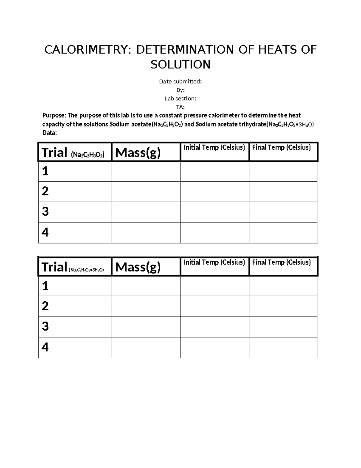 Cal Pre-Lab CHEM 1002 - Cal pre lab report - CALORIMETRY: DETERMINATION ...