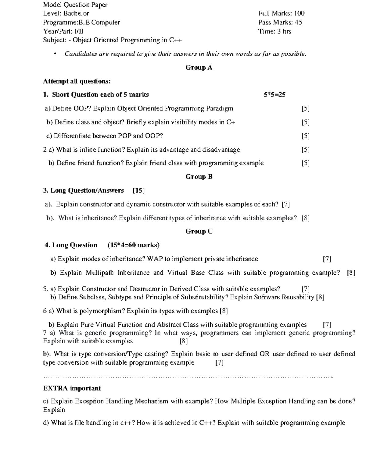 Model Question Paper - OOP in C++ - Model Question Paper Level ...