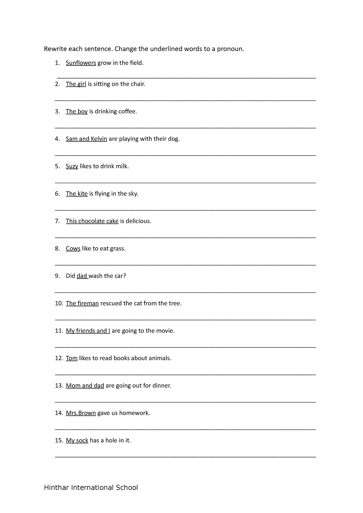 Yr 2 prounouns - Assignment - Rewrite each sentence. Change the ...