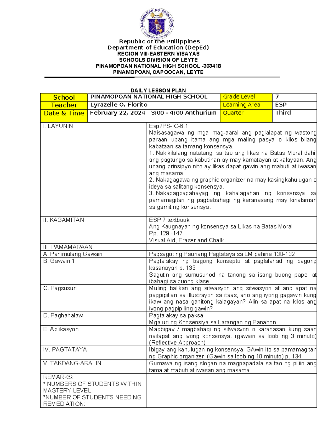 ESP 7 Konsensya Anthurium - Republic of the Philippines Department of ...