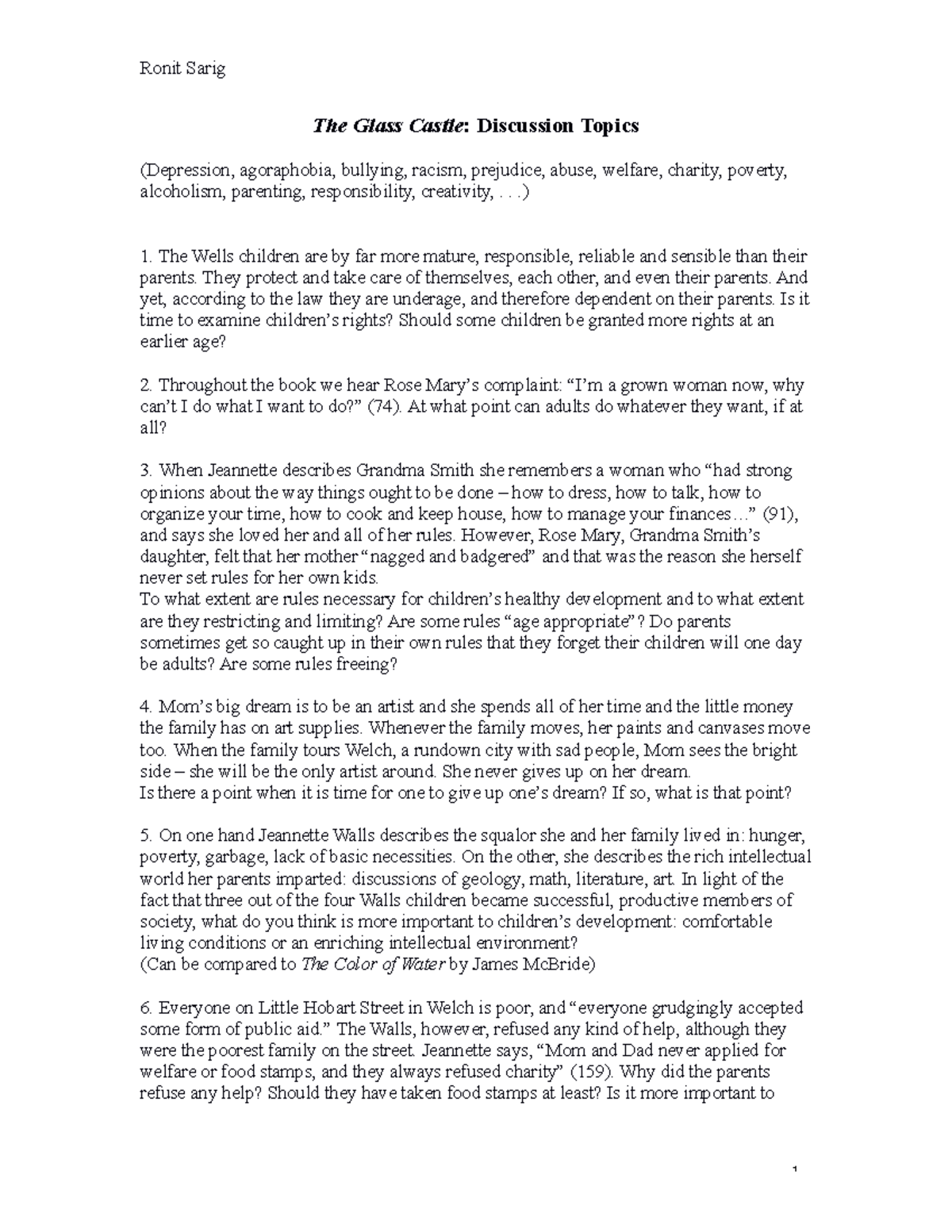 GlassCastle discussiontopicsSarig Ronit Sarig The Glass Castle