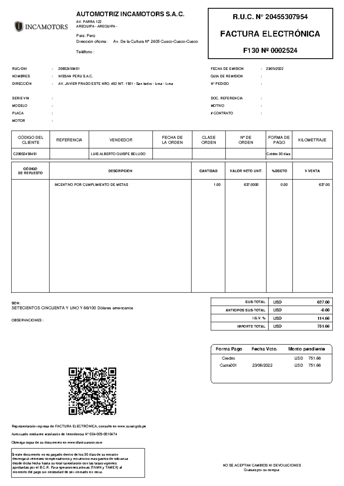 Ejemplo De Factura Ru N° 20455307954 Factura ElectrÓnica F130 Nº 0002524 Nombres Rucdni 4844