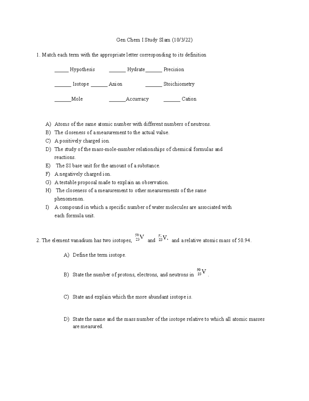 Study Slam 10 3 22 - practice work - Gen Chem I Study Slam (10/3/22 ...