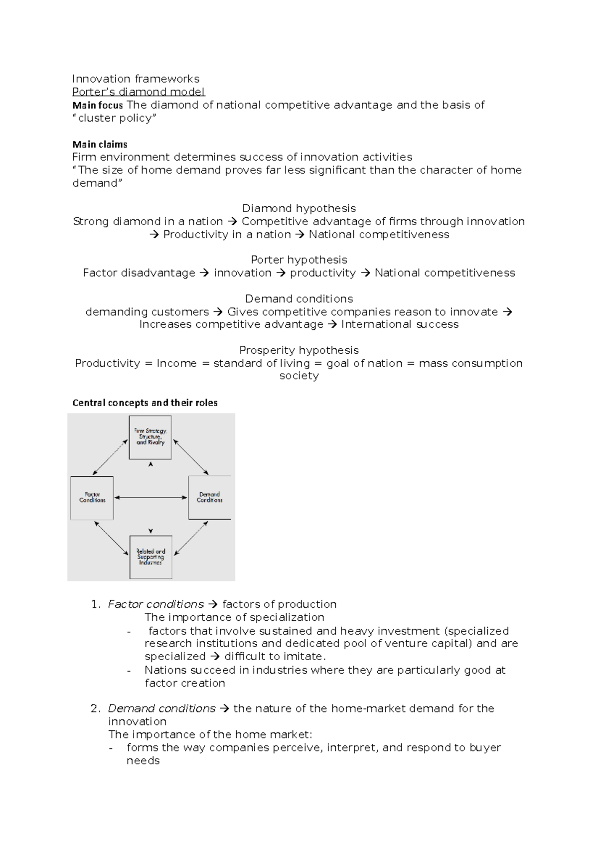 Innovation systems (2018) summary - Innovation frameworks Porter’s ...